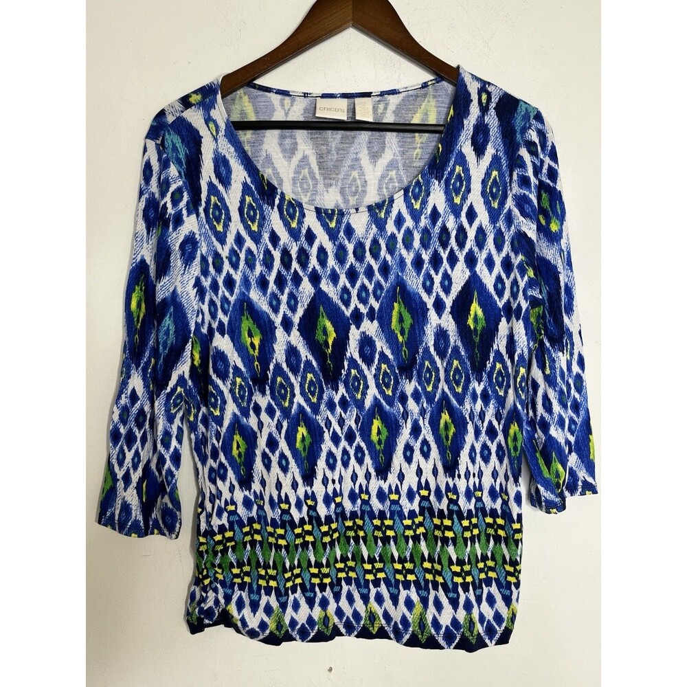 Chico's Aztec Inca Indigo Print 3/4 Sleeve Button Art 2 L (13)